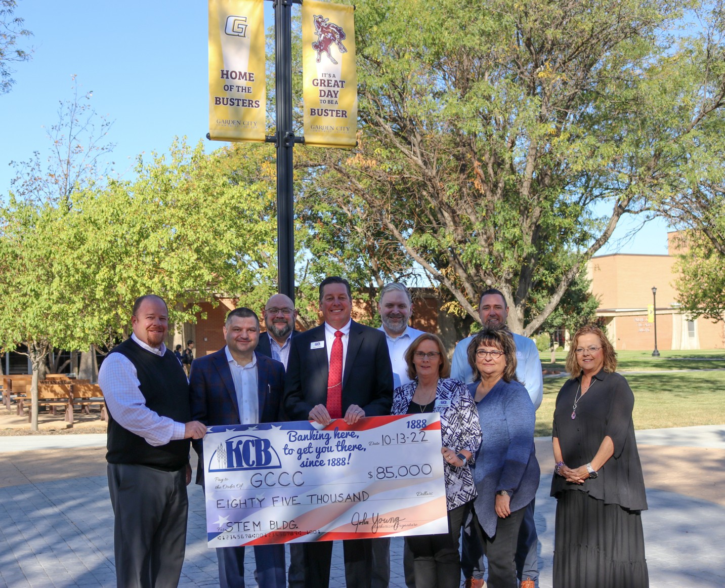 Left to right: Dr. Ryan Ruda, President, GCCC; Berin Lacevic, Merchant Service, KCB; Scott Kedrowski, Dean of Advancement & Alumni Relations, GCCC; John Young, President and CEO, KCB; Dr. Marc Malone, Vice President for Instructional Services/Chief Academic Officer, GCCC; Kathy Jones, Vice President of Operations, KCB; Paula Herreld, Vice President of BSA Officer, KCB; Blake Beymer, Vice President, KCB; Karla Armstrong, Vice President for Administrative Services/Chief Financial Officer, GCCC. KCB Bank Donation to GCCC