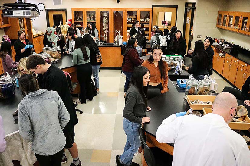 Image of cadaver lab class and professor