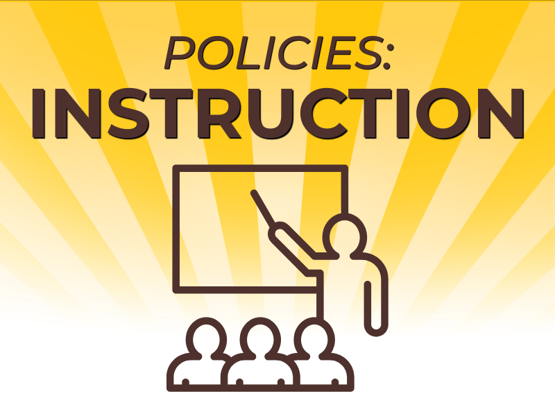 Graphic with text “Policies: Instruction” and icon of a person teaching a class on a yellow background.