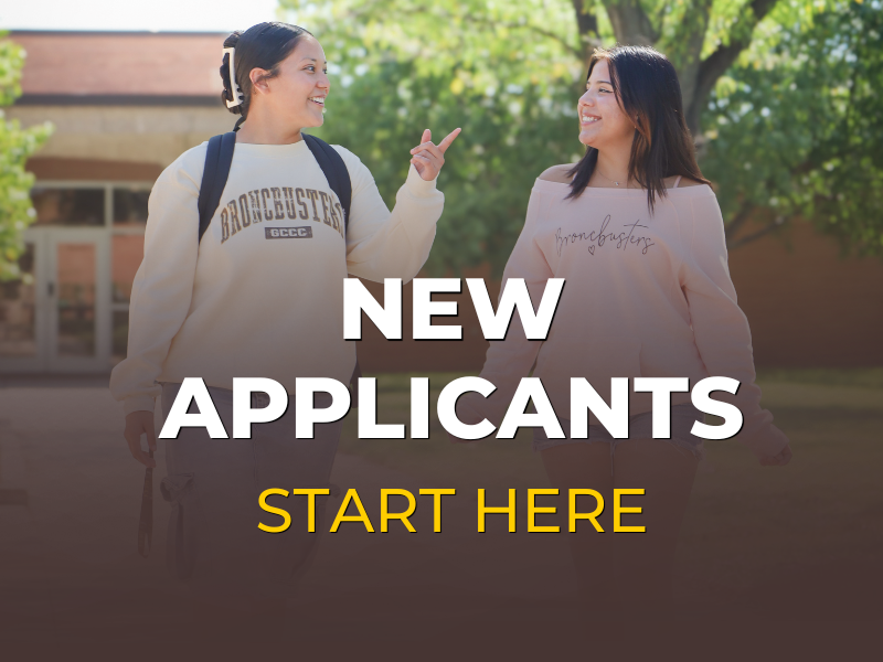 Students walking on campus with text overlay: “New Applicants – Start Here.”