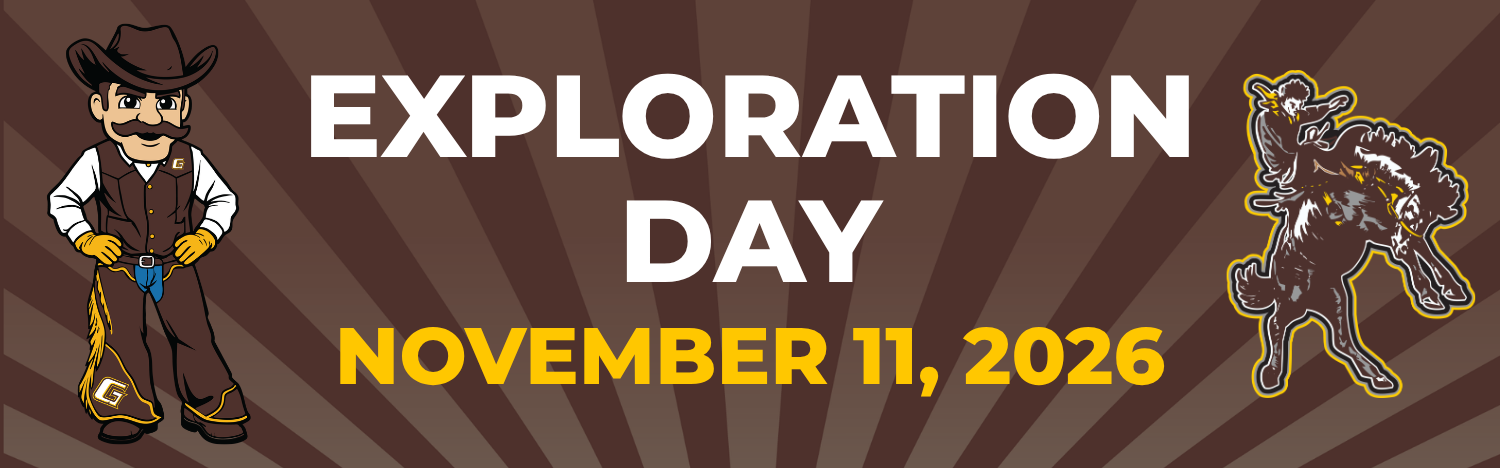 Banner promoting Exploration Day on November 11, 2026, with large white and gold text on a brown sunburst background, featuring a cowboy mascot on the left and a rodeo rider logo on the right.
