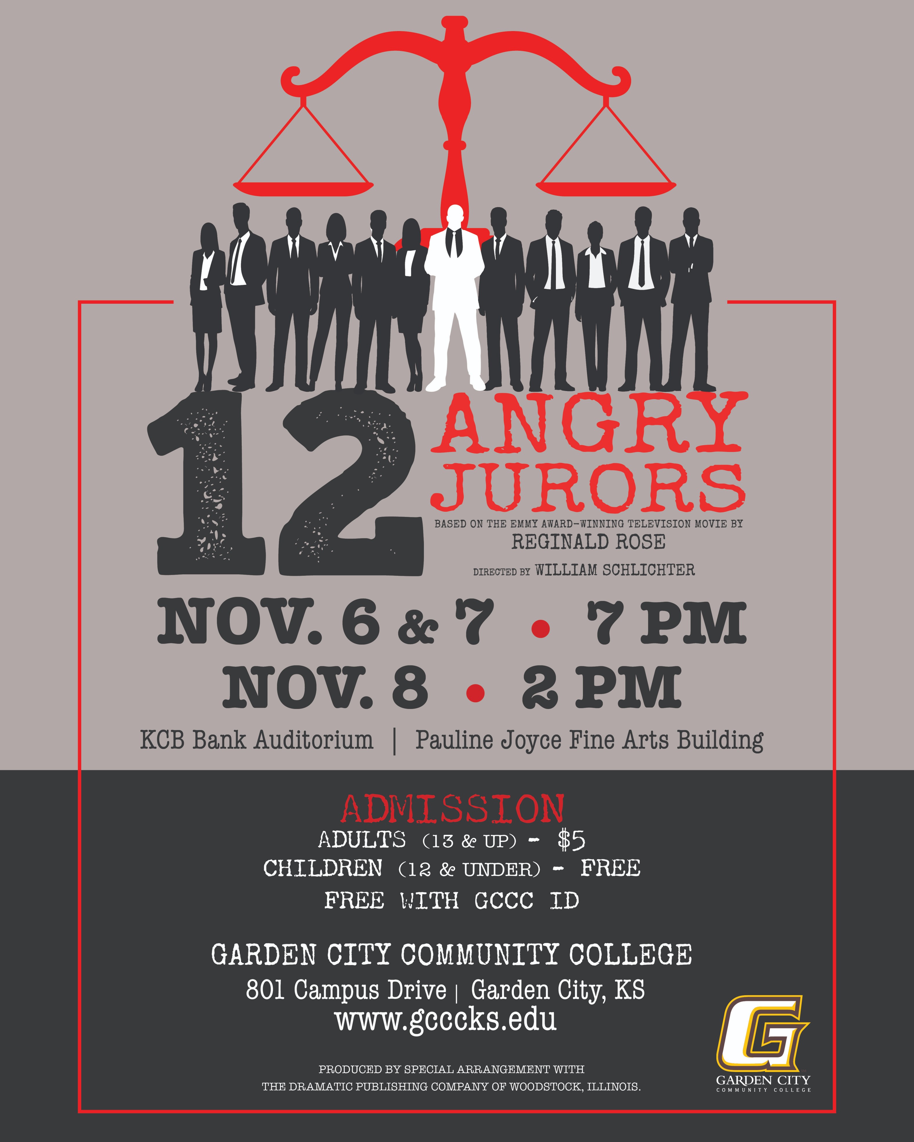 Poster promoting 12 Angry Jurors at Garden City Community College, with performance dates November 6-8, times, location, and admission information displayed beneath silhouettes of twelve jurors and a scale of justice.