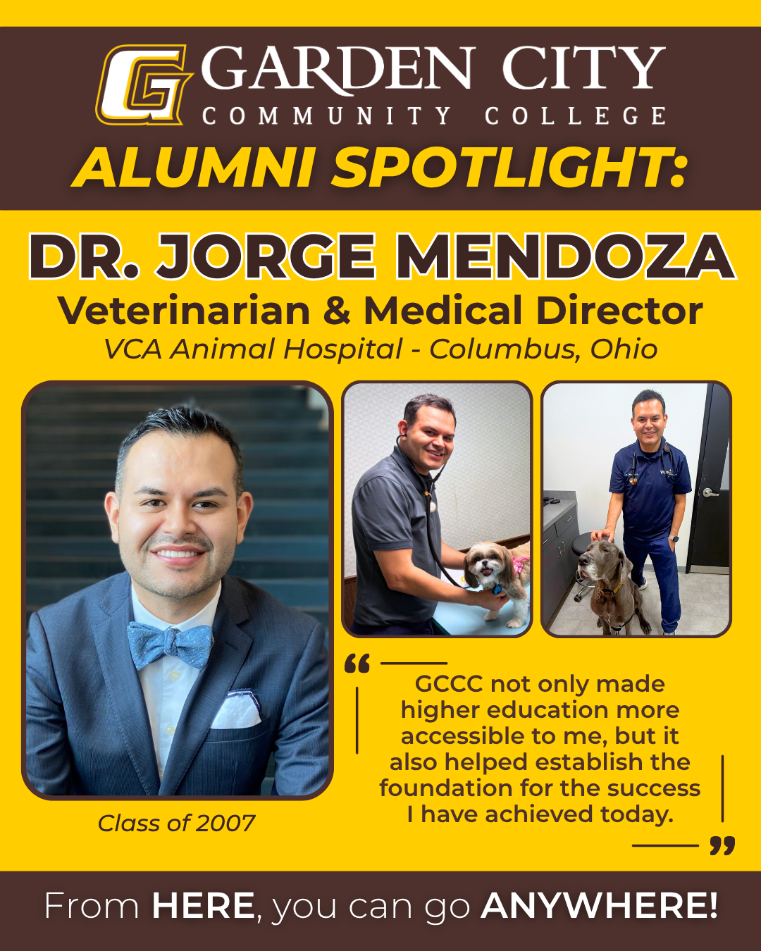 Garden City Community College Alumni Spotlight featuring Dr. Jorge Mendoza, Class of 2007, veterinarian and medical director at VCA Animal Hospital in Columbus, Ohio, with professional portraits and a quote about GCCC's impact on career success.