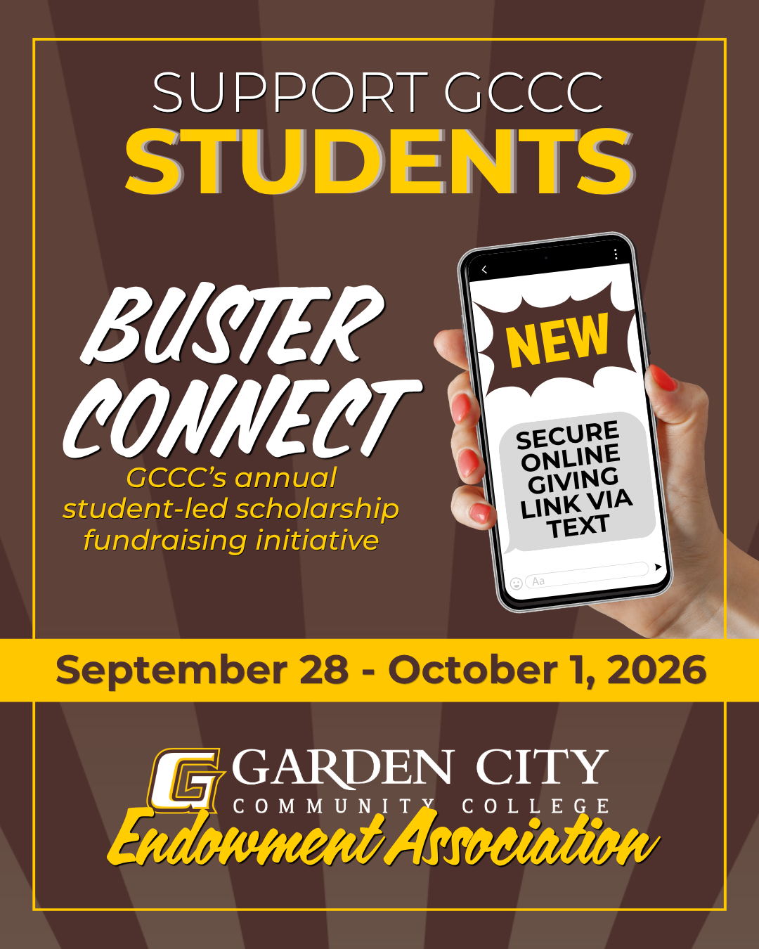 Promotional graphic for GCCC's Buster Connect student scholarship fundraiser, September 28 to October 1, 2026, with online giving by text.