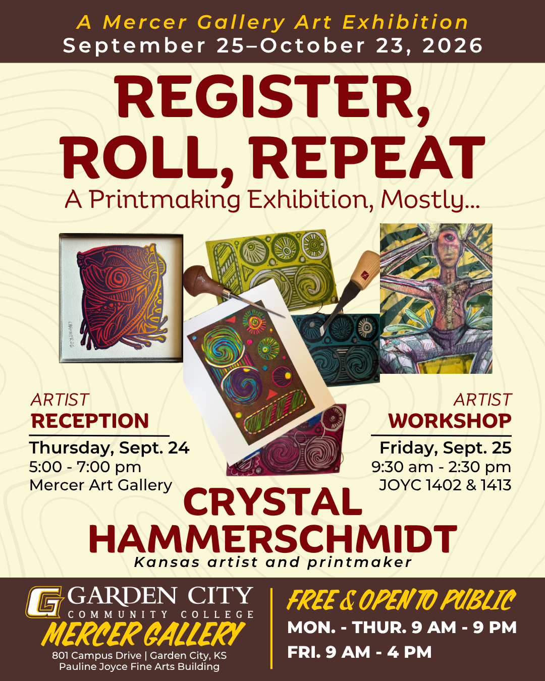 Poster for Crystal Hammerschmidt’s printmaking exhibition, “Register, Roll, Repeat,” at Mercer Gallery, September 25 to October 23, 2026, featuring colorful printmaking artwork and details for an artist reception and workshop.