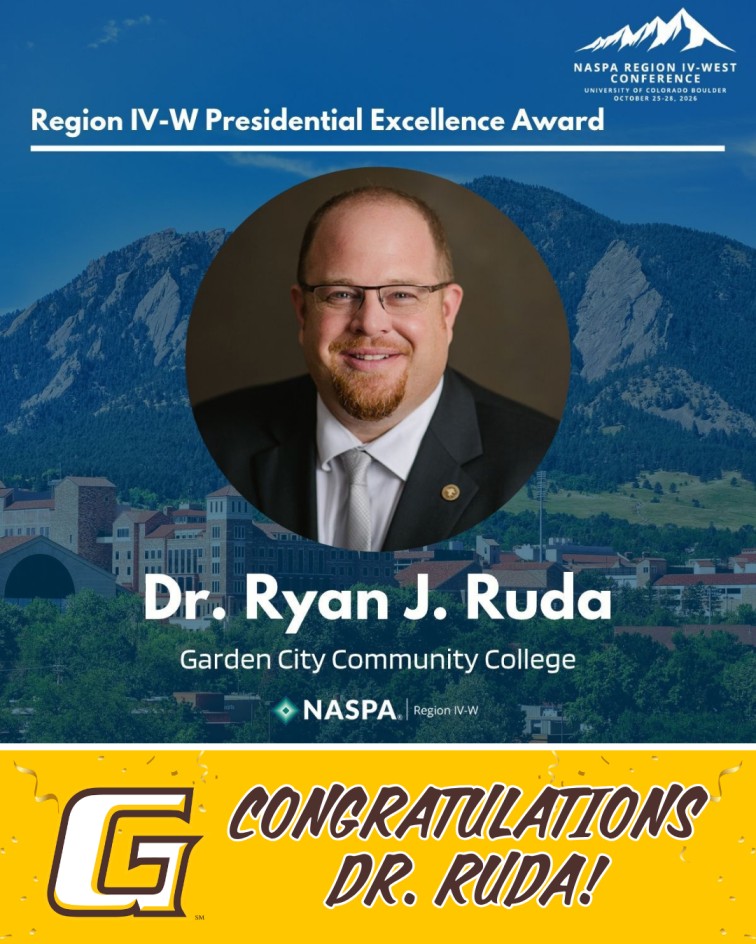 Graphic announcing the NASPA Region IV-W Presidential Excellence Award, featuring a portrait of Dr. Ryan J. Ruda of Garden City Community College with a mountain campus background and a gold banner reading, “Congratulations Dr. Ruda!”
