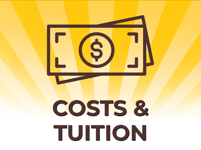Costs and tuition icon showing dollar bills on a gold sunburst background.