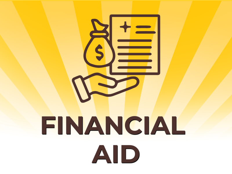 Financial aid icon showing a hand holding a money bag and application form on a gold sunburst background.