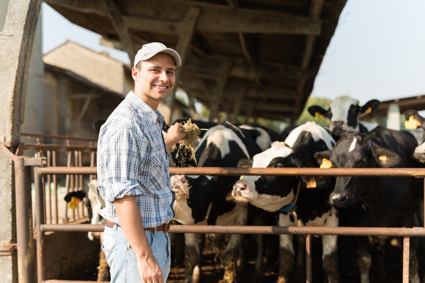 student posing in front of cattle feedlot