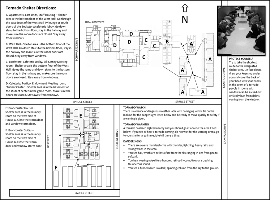Tornado Shelter Directions map detailing shelter zones A through F across campus residence halls and the student center basement, along with emergency watch and warning guidelines.