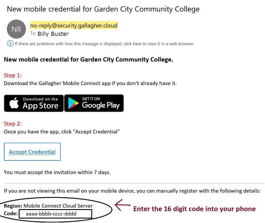 Location of the registration code in the Gallagher email